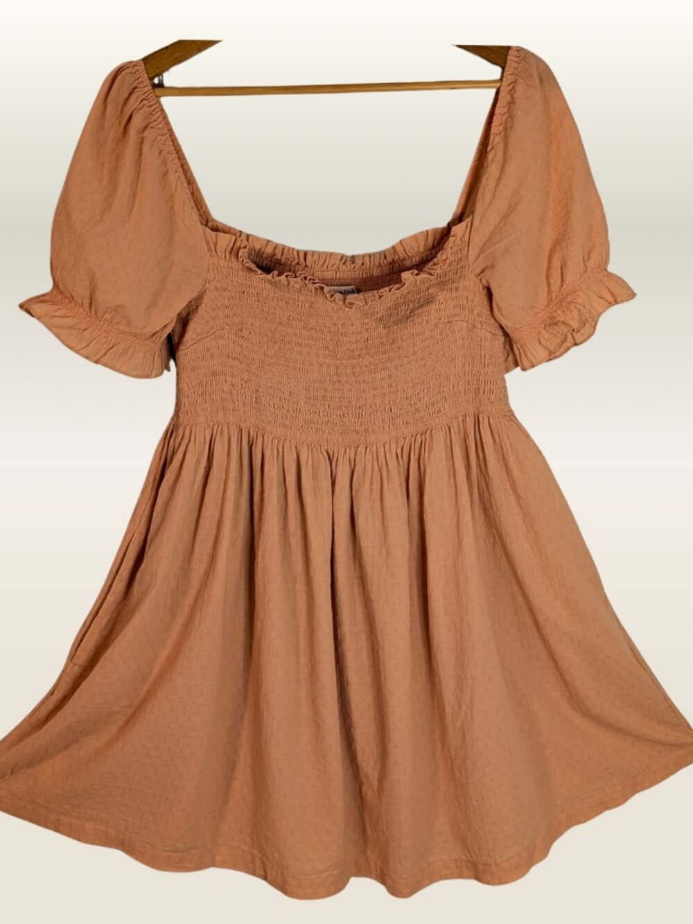 Abercrombie & Fitch Terracotta Babydoll Mini Dress Puff Sleeve XL Smocked Boho - Picture 3 of 13